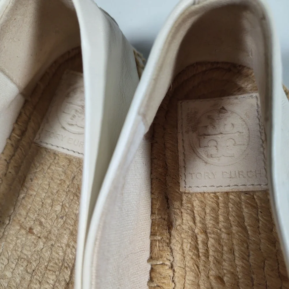 Tory Burch Leather Espadrille Flats Cream Black Logo Cap Toe Slip On Shoes Sz 7